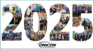 collage featuring team activities, technical work with flow and energy measurement devices, group photos, and company events. Highlights include engineering demonstrations, office collaboration, and community engagement, representing ONICON’s expertise and culture.